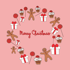 Christmas card with wreath  gingerbread mans, christmas cupcakes, candys and gifts.