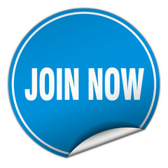 join now round blue sticker isolated on white