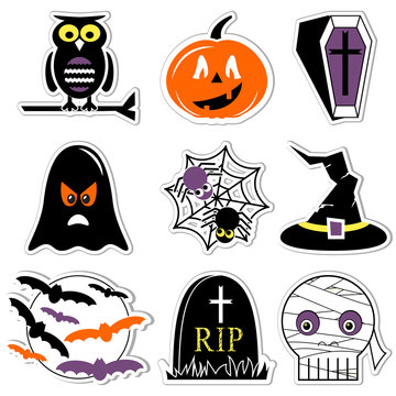 Halloween icons set in color, labels style  including owl, pumpkin, coffin with cross,  ghost, spider on spider web, witch hat with buckle, moon with flying bats,  tomb RIP, and mummy skull 
