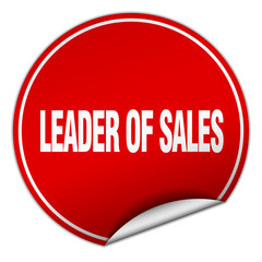 leader of sales round red sticker isolated on white