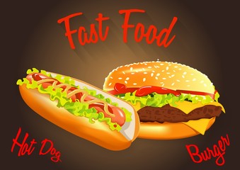 Fast food vector illustration. Burger and hot dog
