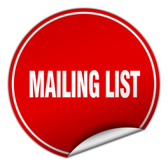mailing list round red sticker isolated on white