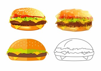 Vector illustrations of burgers in 4 styles. Flat, linear, low-poly and realistic burger on white background