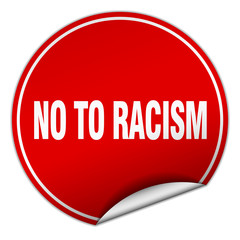 no to racism round red sticker isolated on white