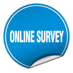 online survey round blue sticker isolated on white