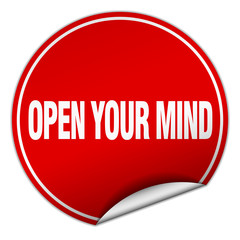 open your mind round red sticker isolated on white