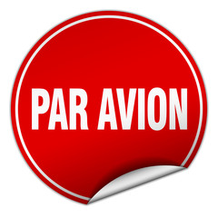 par avion round red sticker isolated on white