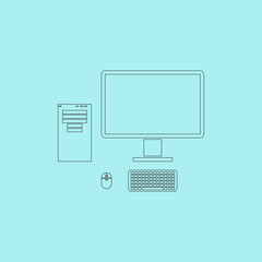 Computer case with monitor, keyboard and mouse, vector icon.