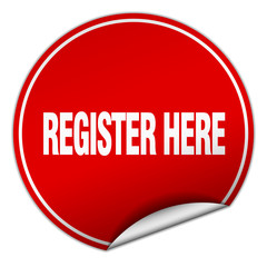 register here round red sticker isolated on white