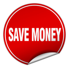 save money round red sticker isolated on white