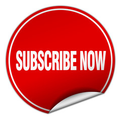 subscribe now round red sticker isolated on white