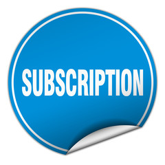 subscription round blue sticker isolated on white