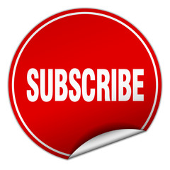 subscribe round red sticker isolated on white