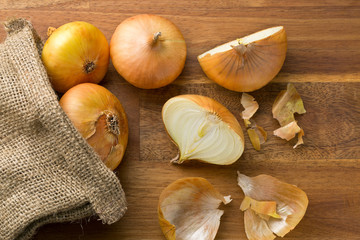 fresh onions in jute sack