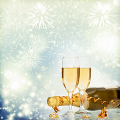 Celebrating New Year with champagne and fireworks