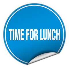 time for lunch round blue sticker isolated on white
