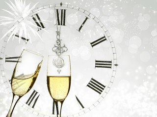 Champagne over fireworks and clock close to midnight