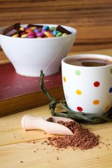 Cocoa drink and bowl with sweets