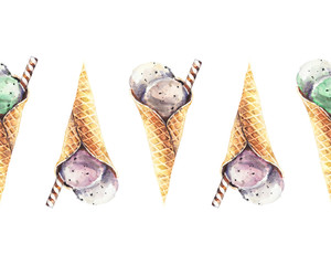 Seamless hand drawn watercolor pattern with colorful ice cream cones. Bright original background.