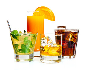 Various cocktails, drinks and shots over white background