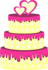 Pink wedding cake, decorated with a floral design and hearts, isolated object on a white background