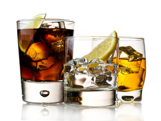 Various cocktails and drinks over white background