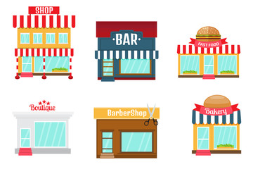 Shops icons set in flat design style. Shop-market, bakery, bar o