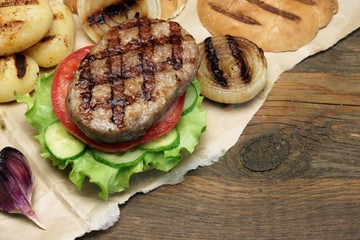 Picnic Lunch With Homemade BBQ Grilled Burgers, Top View