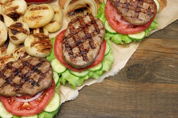 Picnic Lunch With Homemade BBQ Grilled Burgers, Top View
