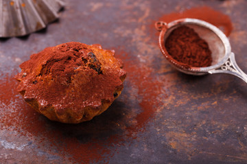 Muffins with blueberries, topped with cocoa powder, on a dark background.selective focus.