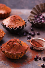 Muffins with blueberries, topped with cocoa powder, on a dark background.selective focus.