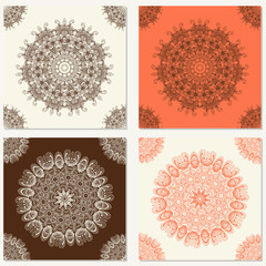 Set of vector abstract backgrounds with mandala elements. Decorative seamless. Vintage geometric textures. Lace pattern. Background for card, web design and etc.