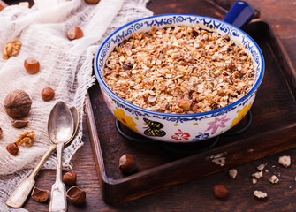 Plum crumble, lean, with nuts.selective focus