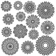 Set of abstract design element. Round mandalas in vector. Graphic template for your design. Decorative retro ornament. Hand drawn background with flowers.