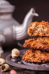 Oatmeal liver with peanut butter.selective focus