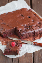 Chocolate brownie with raspberries.selective focus