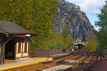 Harpers Ferry railroad tunnel in West Virginia, USA. The Harpers Ferry station and tunnel on a bright autumn day.