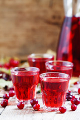 Autumn cranberry cocktail on the old wooden background, selectiv