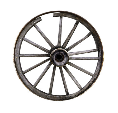 Old wooden wagon wheel isolated on white background
