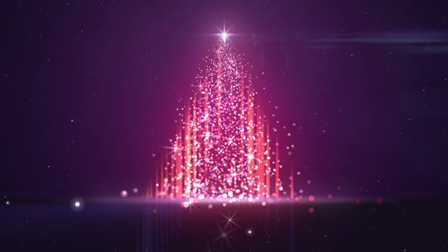 Merry Christmas and Happy New Year Greeting intro card template. Christmas tree made of particles. Creative luxury motion design. 