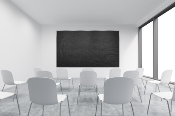 A classroom or presentation room in a modern university or fancy office. White chairs, panoramic windows with white copy space and a black chalkboard on the wall. 3D rendering.