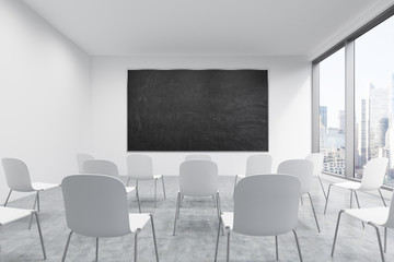 A classroom or presentation room in a modern university or fancy office. White chairs, a black chalkboard on the wall and panoramic New York view. 3D rendering.