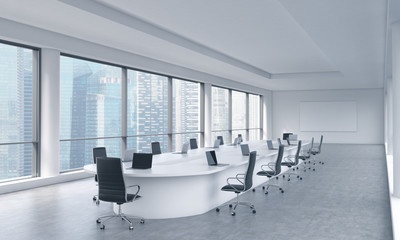 A bright modern panoramic meeting room in a modern office with Singapore view. The concept of the meeting of the Board of Director of the huge transnational corporation. 3D rendering.