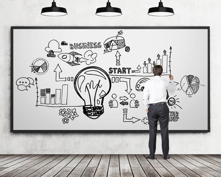Full length rear view of businessman in formal clothes who is drawing a business flowchart on the whiteboard. Concrete wall, wooden floor and four black ceiling lights in the room.