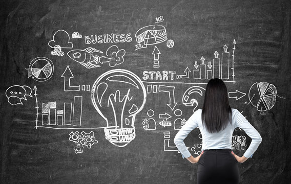Full length rear view of brunette woman in formal clothes who is looking at the business flowchart on the black chalk board. The concept of business ideas development.