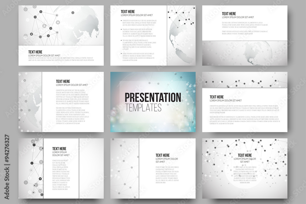 Poster set of 9 vector templates for presentation slides. molecule