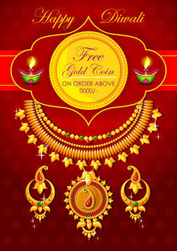 Happy Diwali jewelery promotion background with diya