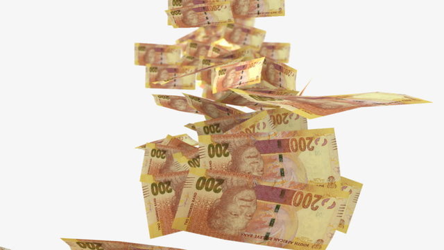 An array of south African two hundred rand notes falling through the air on an isolated white background