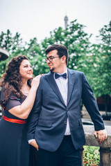 Bride and groom having a romantic moment on their wedding day in Paris