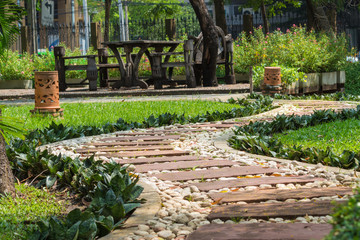 The walkway in the garden under sunlight